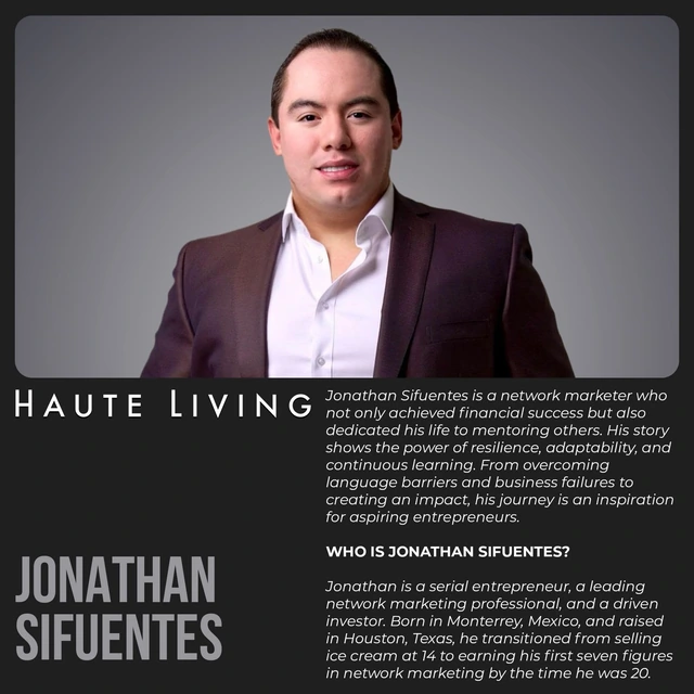 Lámina de Haute Living con el retrato de Jonathan Sifuentes y un extracto de su historia
